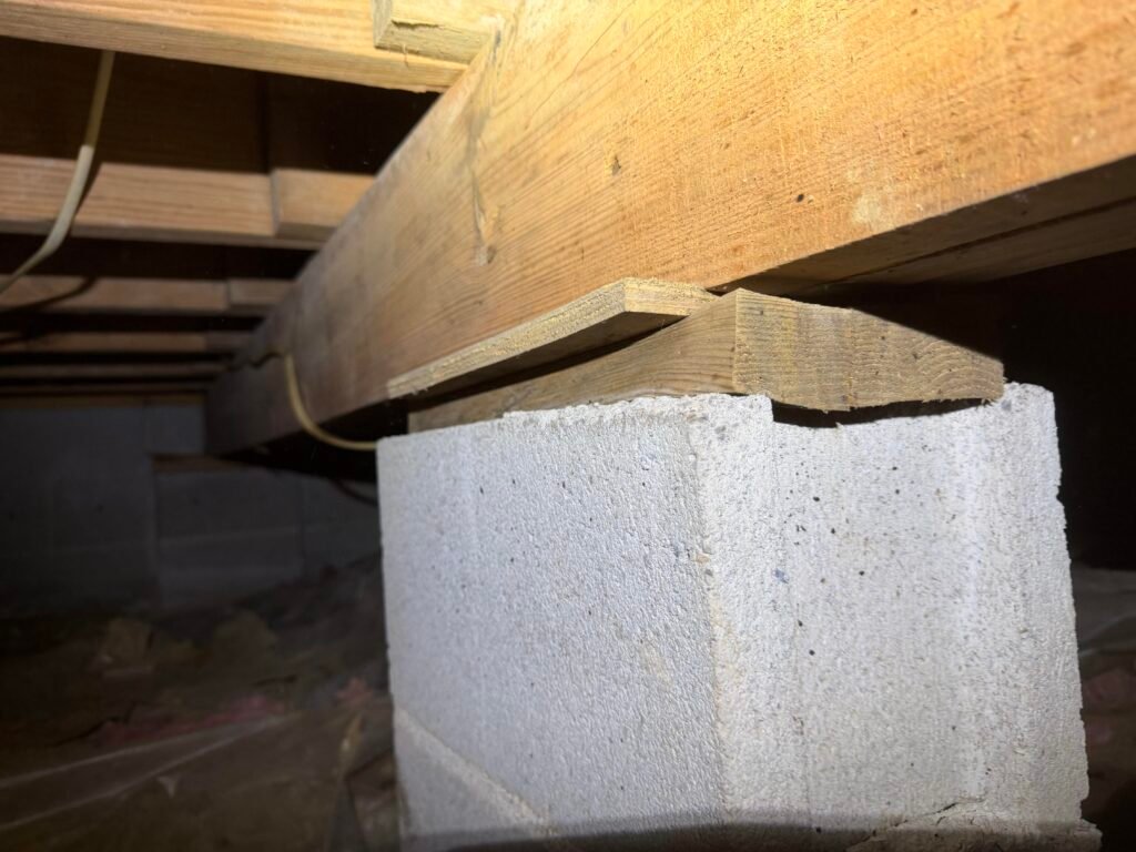Wood shim compressed under structural load