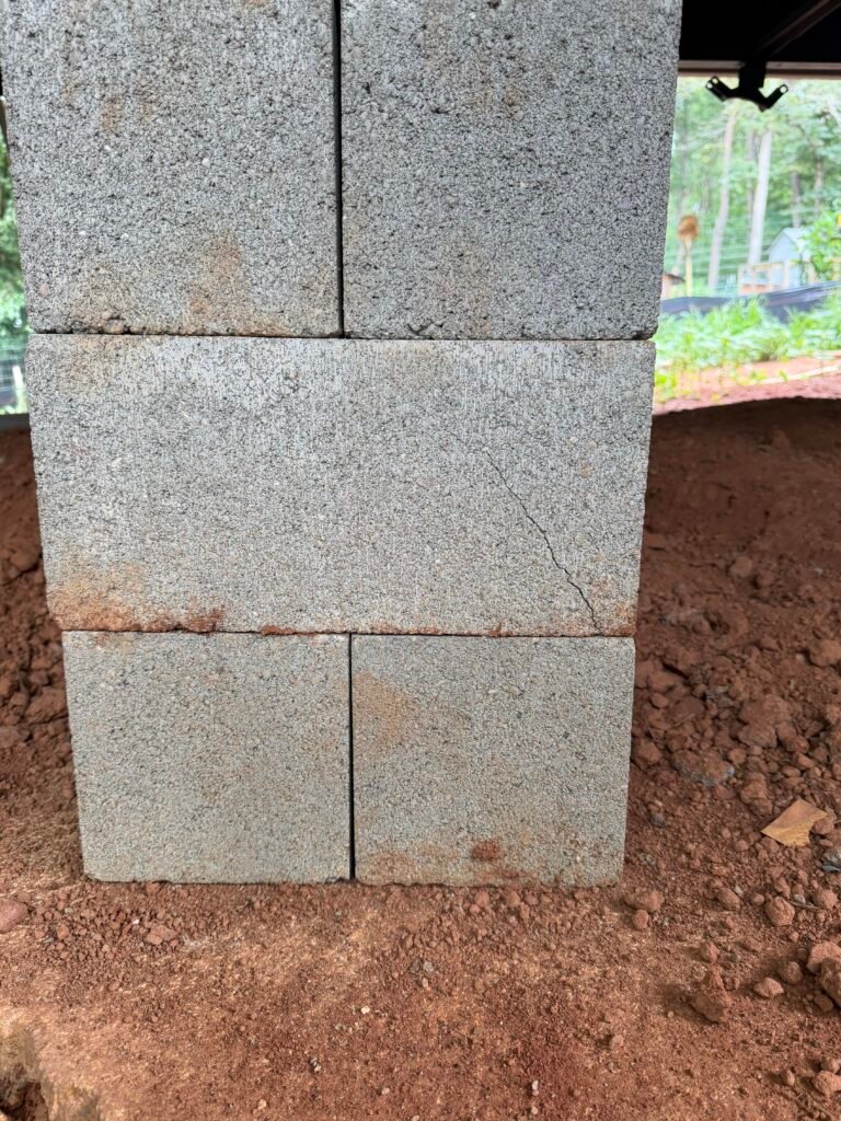Crack in an interlocking dry-stacked block pier