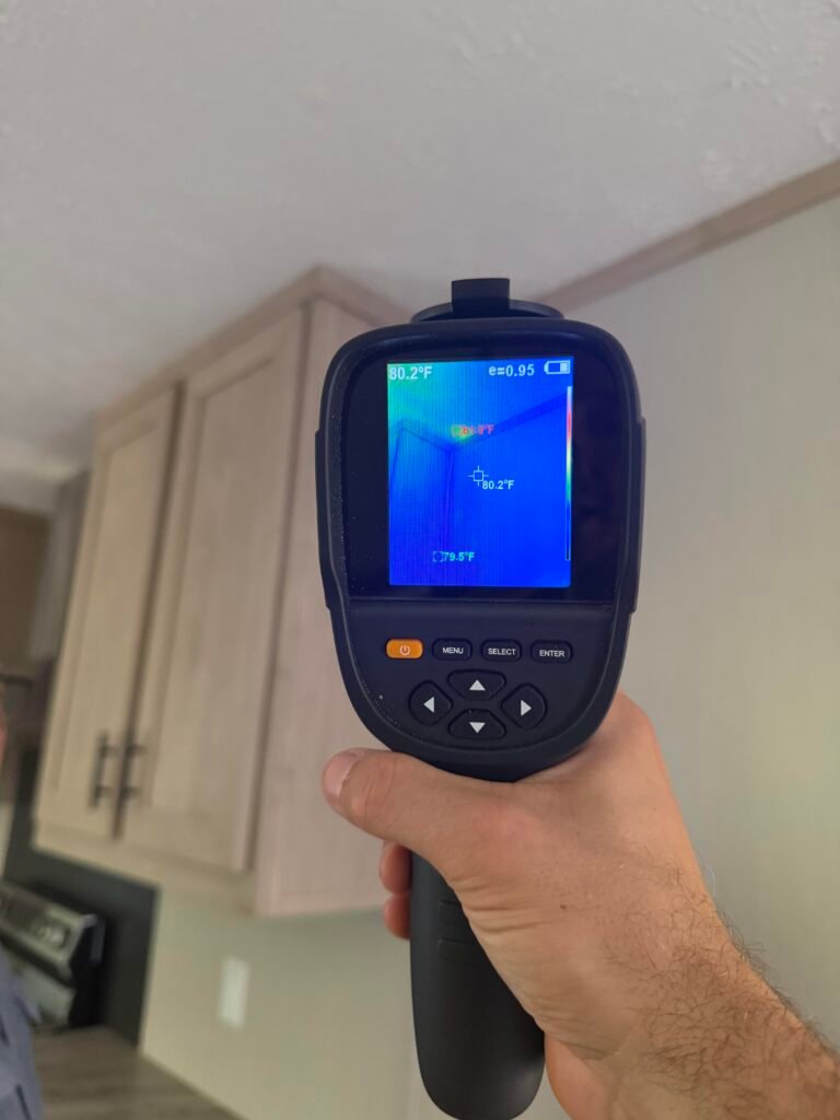 Thermal camera image showing a cooler area that may indicate a water leak